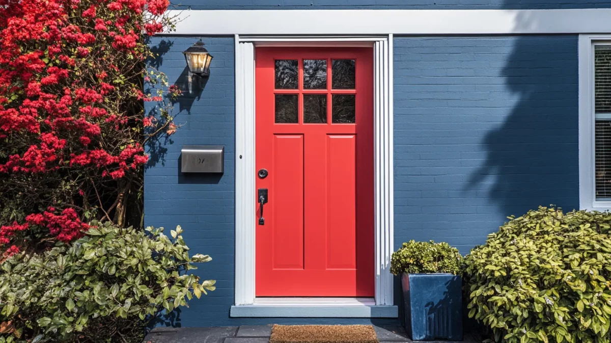 red and blue door window colour paint combination