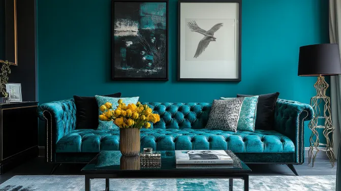 teal and black sitting room colour combination