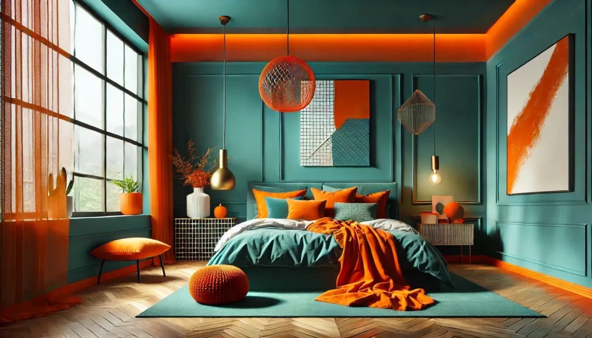 teal and orange bedroom two colour combination