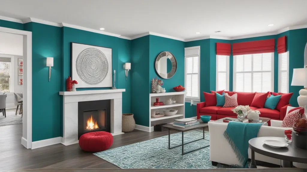 teal and red colour combination for sitting room