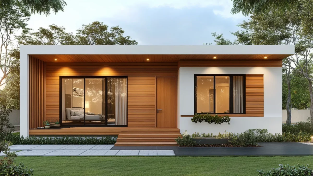 wooden panel front elevation design of small house