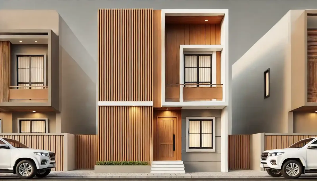 wooden panel front elevation design of small house