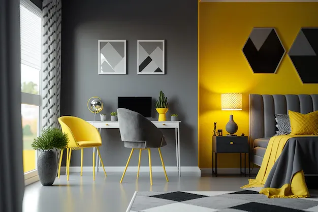 yellow and grey two colour combination for living room