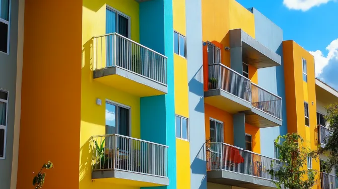 yellow and light blue apartment exterior colour combination