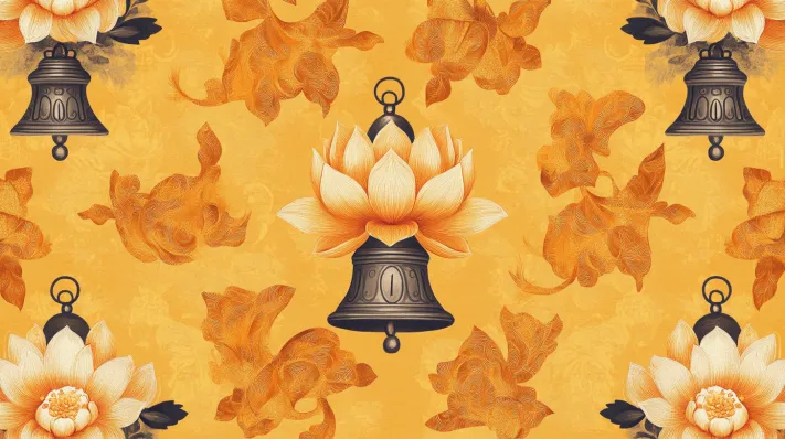 yellow background featuring lotus and bells for pooja room