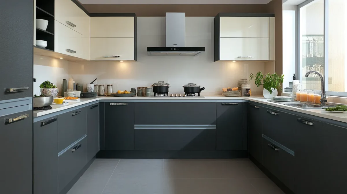 grey and creamy white indian modular kitchen colours