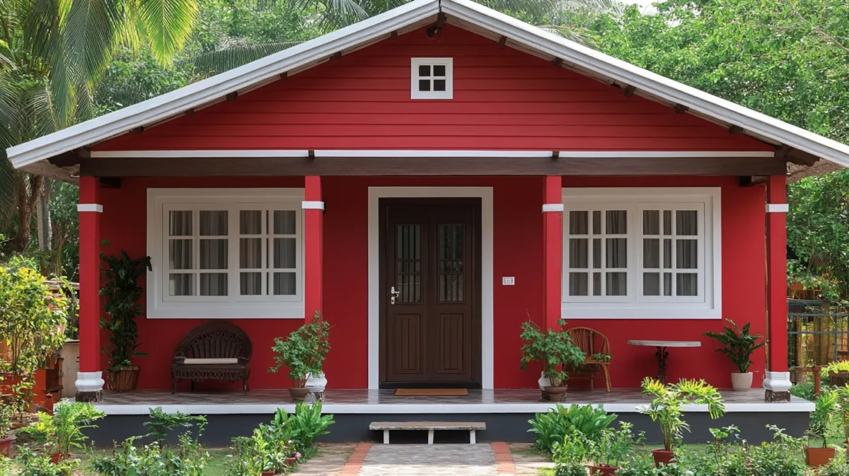 barn red and white indian style small house outside colour combination