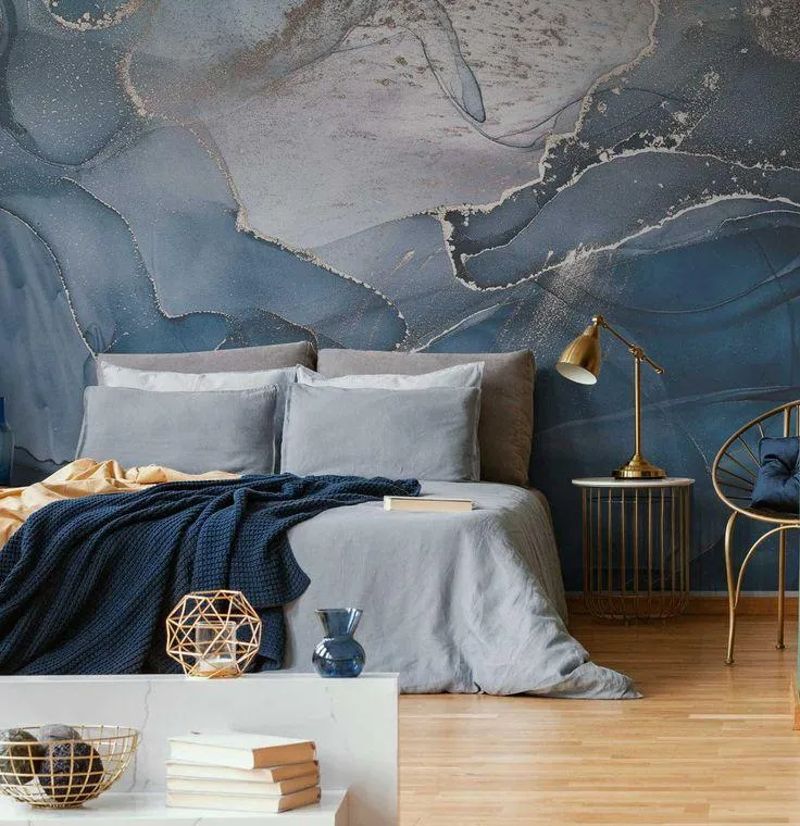 bedroom with blue textured wall by asian paints