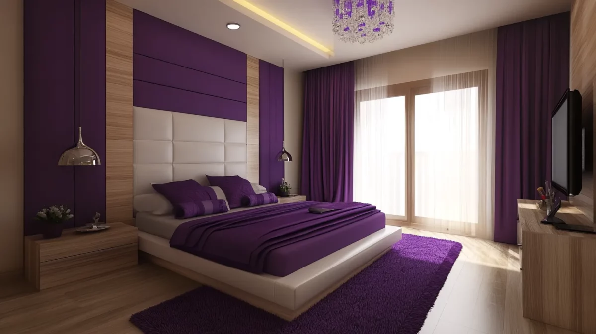 beige and purple colour combination for bedroom wall