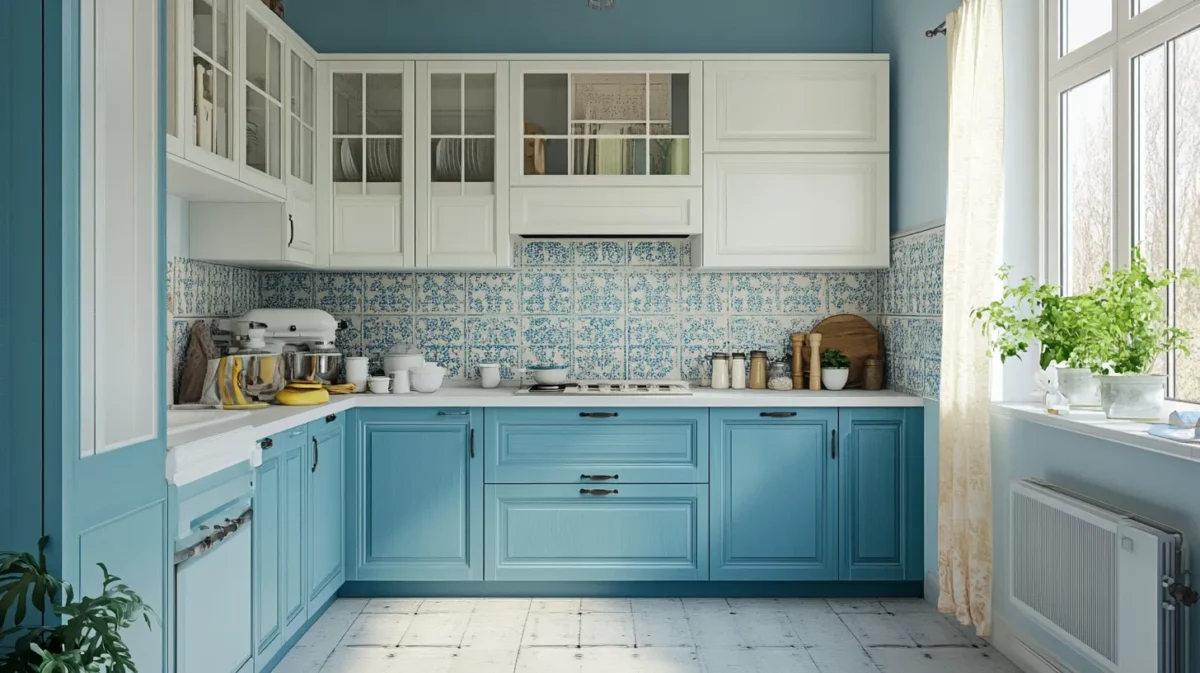 blues and creamy white indian modular kitchen colours