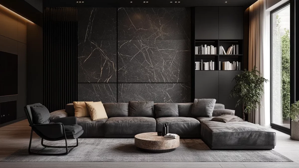 black and grey living room wall colour combination with texture