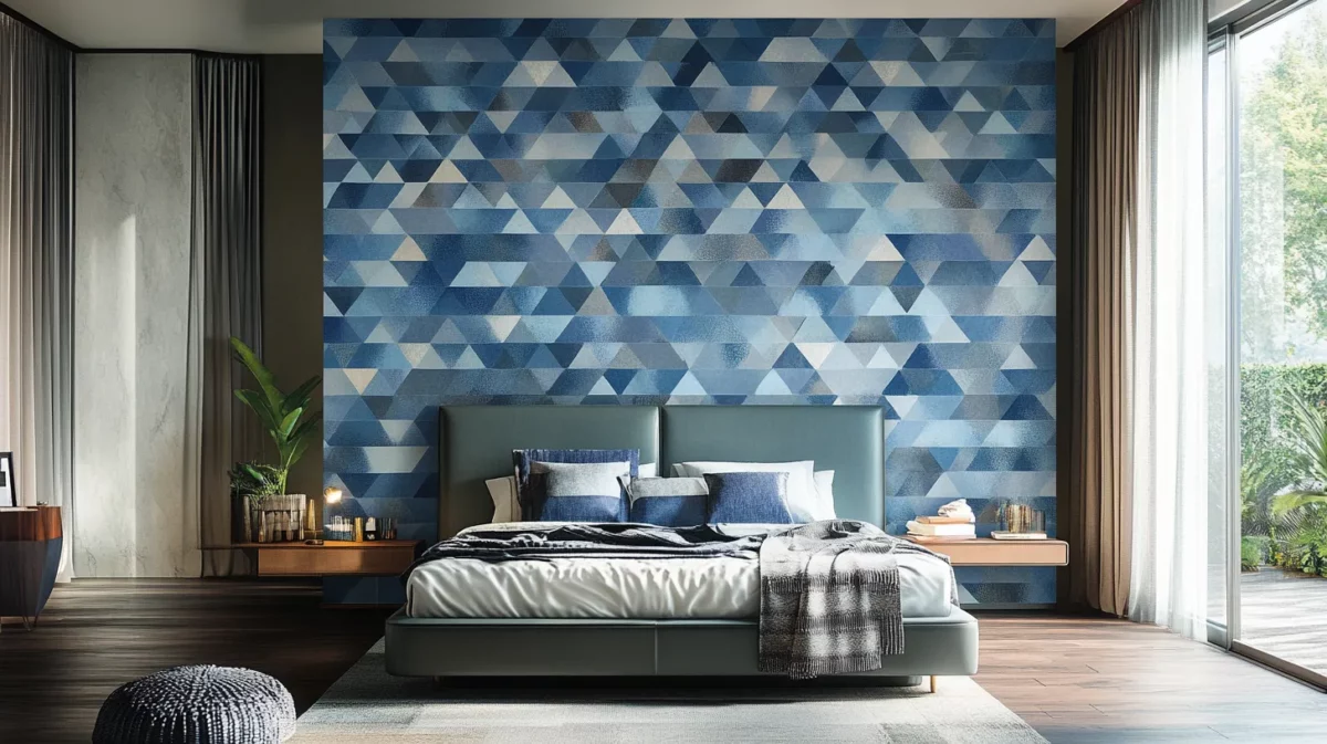 blue and grey style pattern wallpaper for bedroom walls