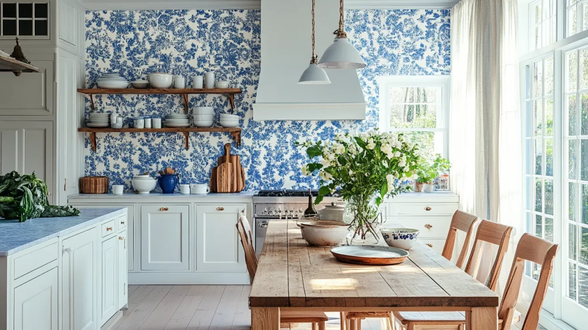 blue and white combined pattern wallpaper for the kitchen room