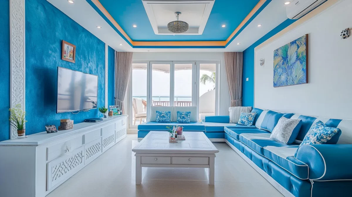 blue and white false ceiling colour combination