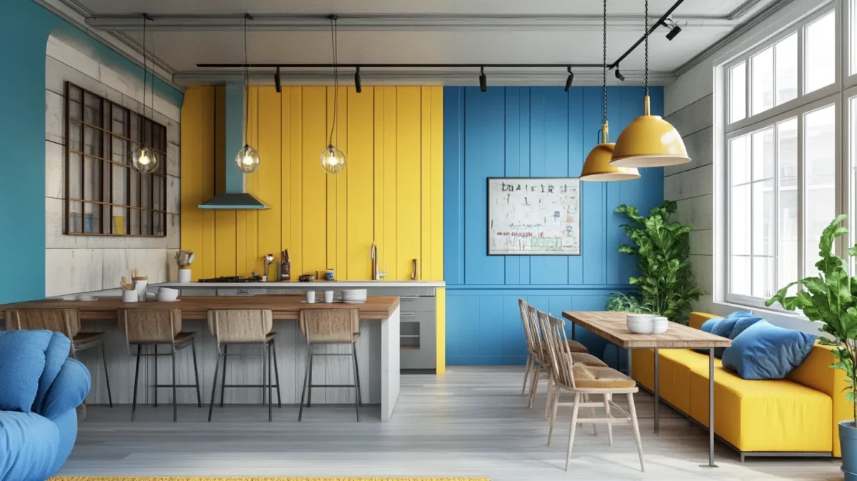 blue and yellow two colour combination for kitchen wall