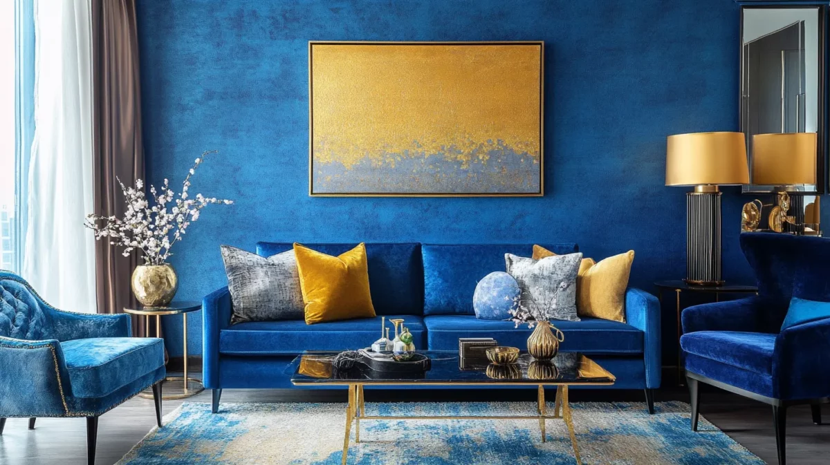 blue with golden texture colour combination for living room