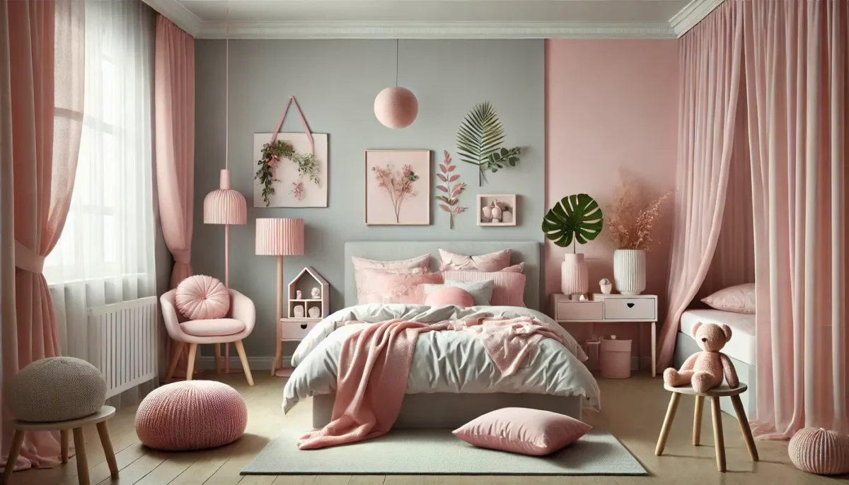 blush pink and grey colour combination for bedroom walls