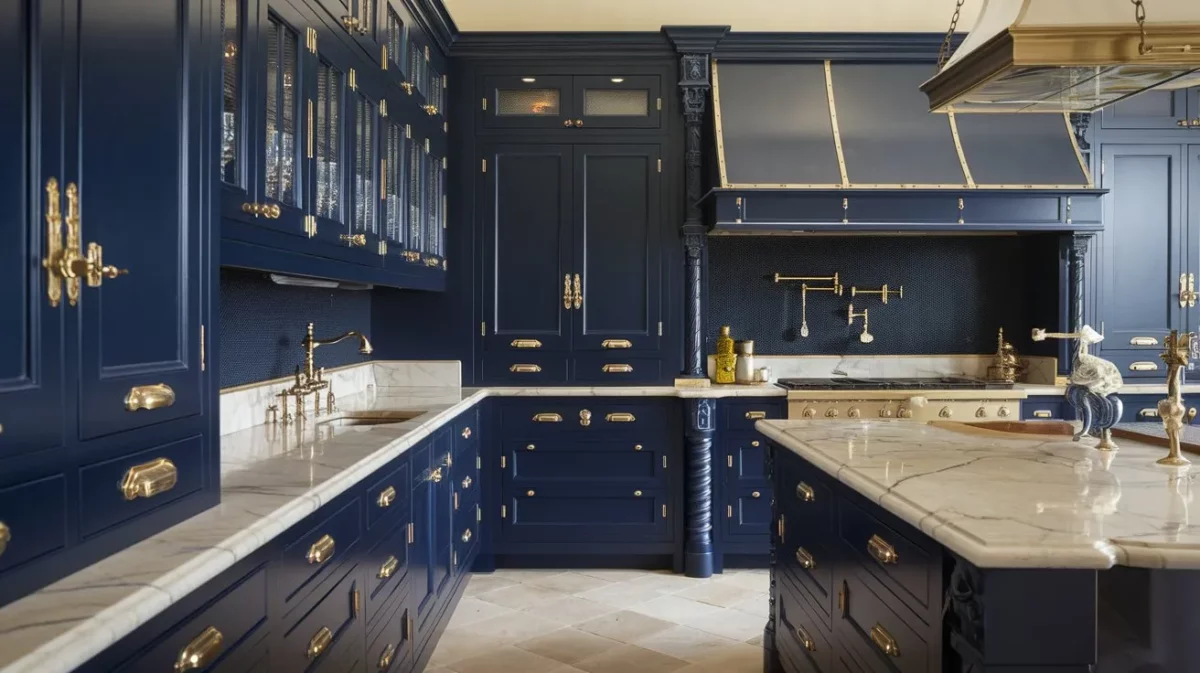 bold navy and brass color combination for kitchen furniture