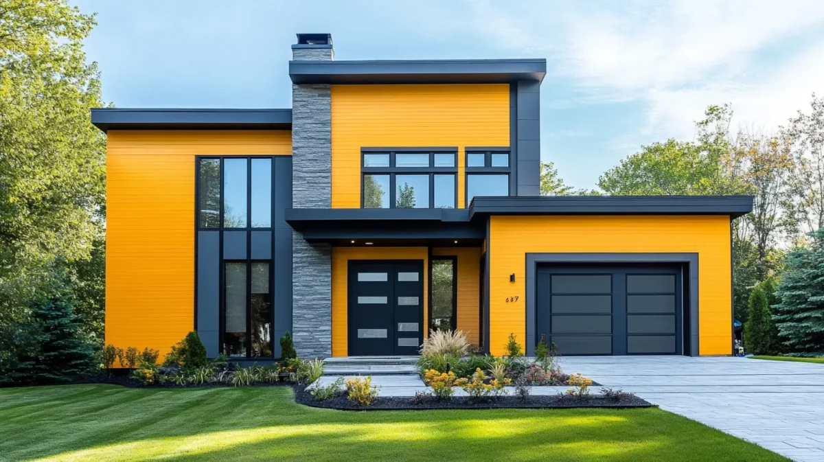 bold yellow and grey colour combination for exterior wall