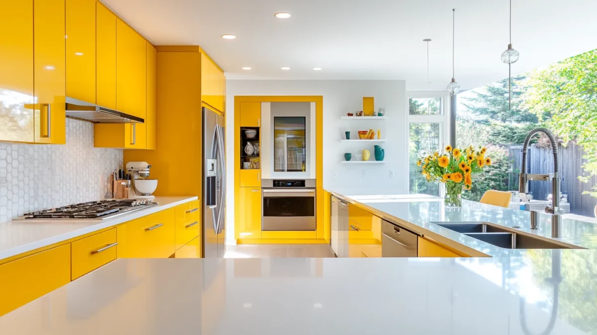 bright yellow and white color combination for kitchen