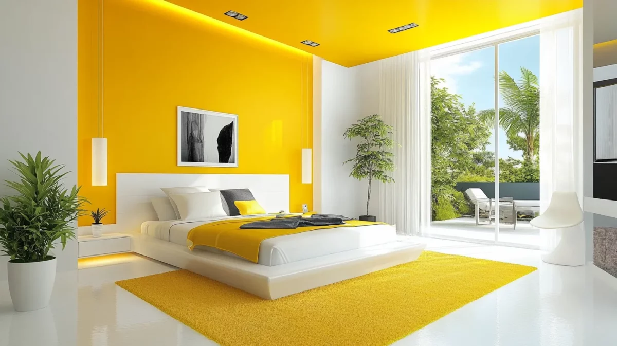 bright yellow bedroom ceiling colour combination with white walls