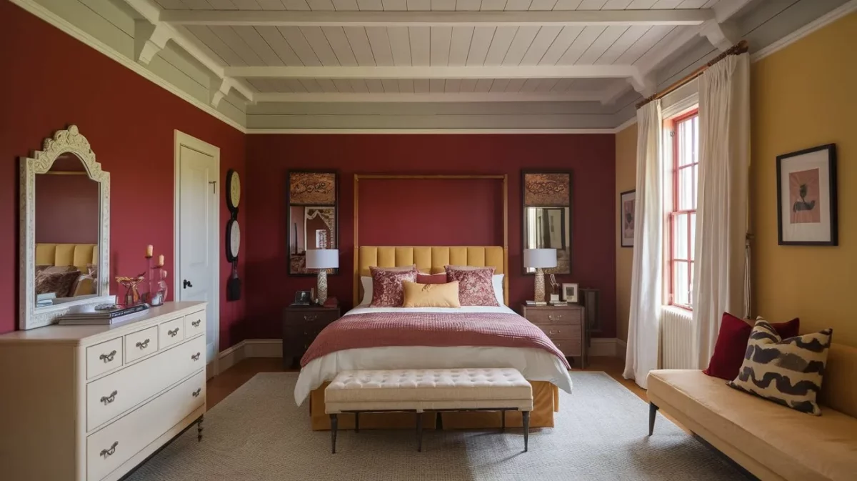 calm bedroom paint colours with warm reds and yellows