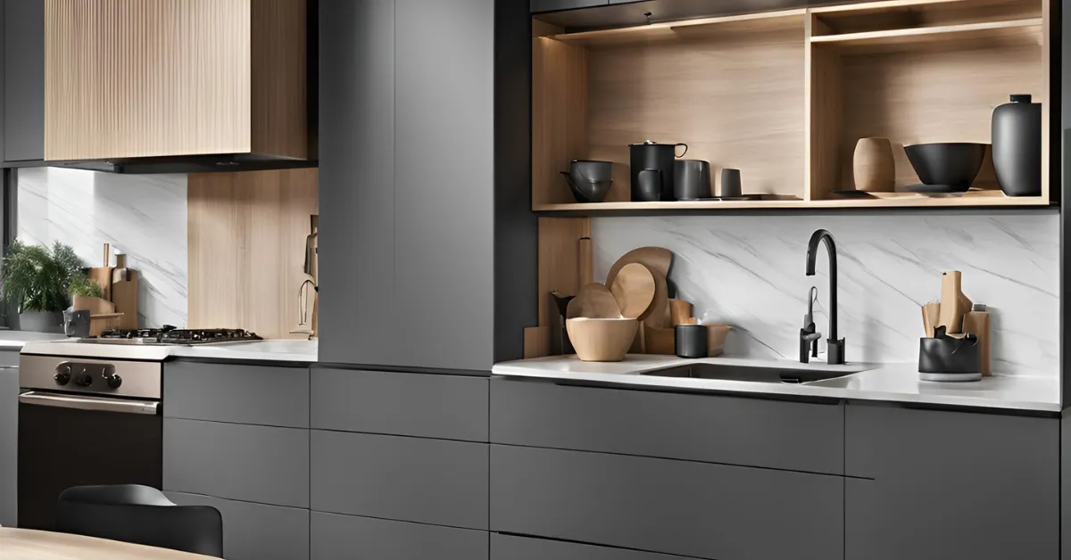 charcoal and light wood kitchen color for a modern, simple design
