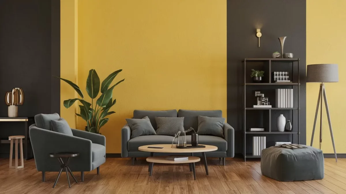 charcoal grey and yellow colour combination wall