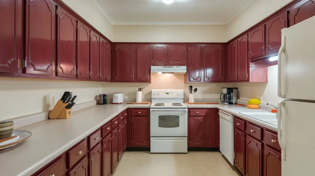 cherry red and ivory colour combination for kitchen