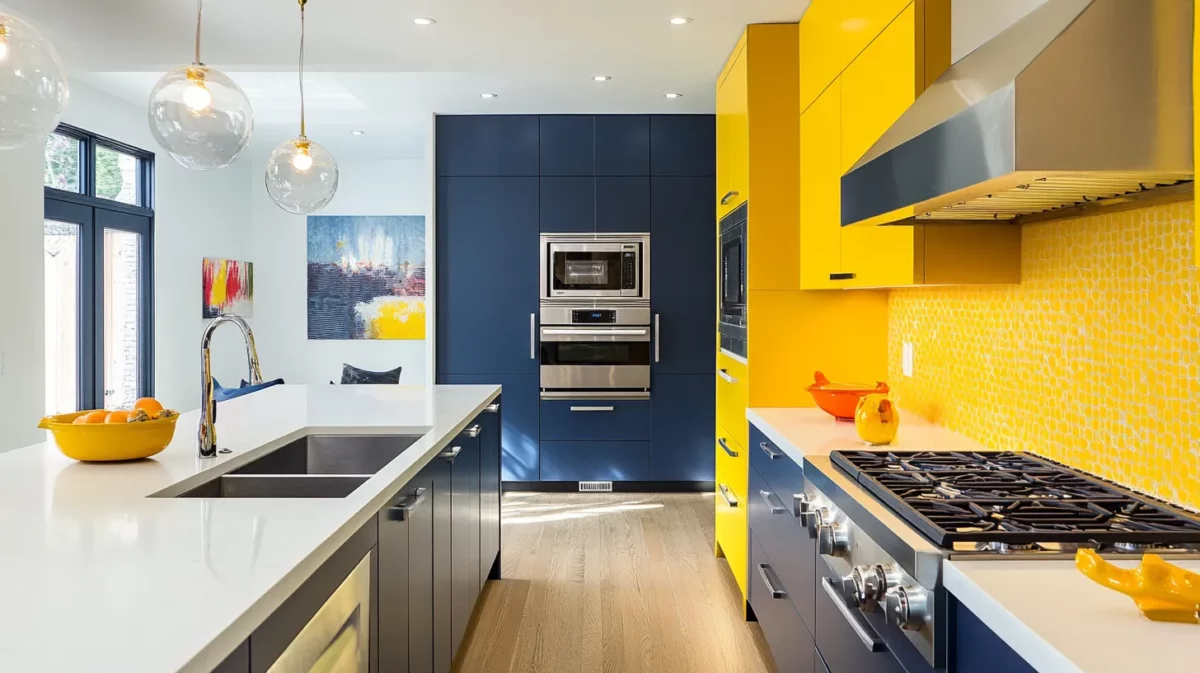 citrus yellow and deep navy color combination for kitchen