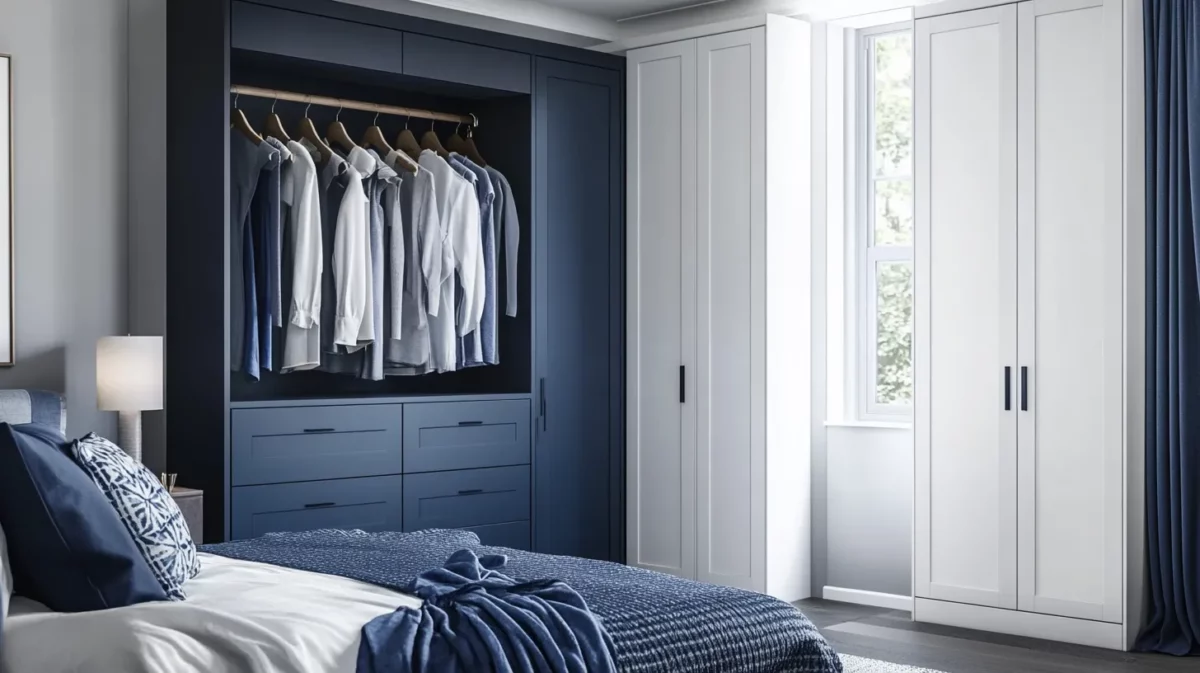 classic white and navy blue colour combinations for wardrobe laminate