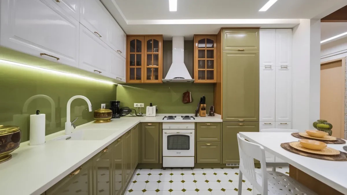 classic white and olive green kitchen colour combination