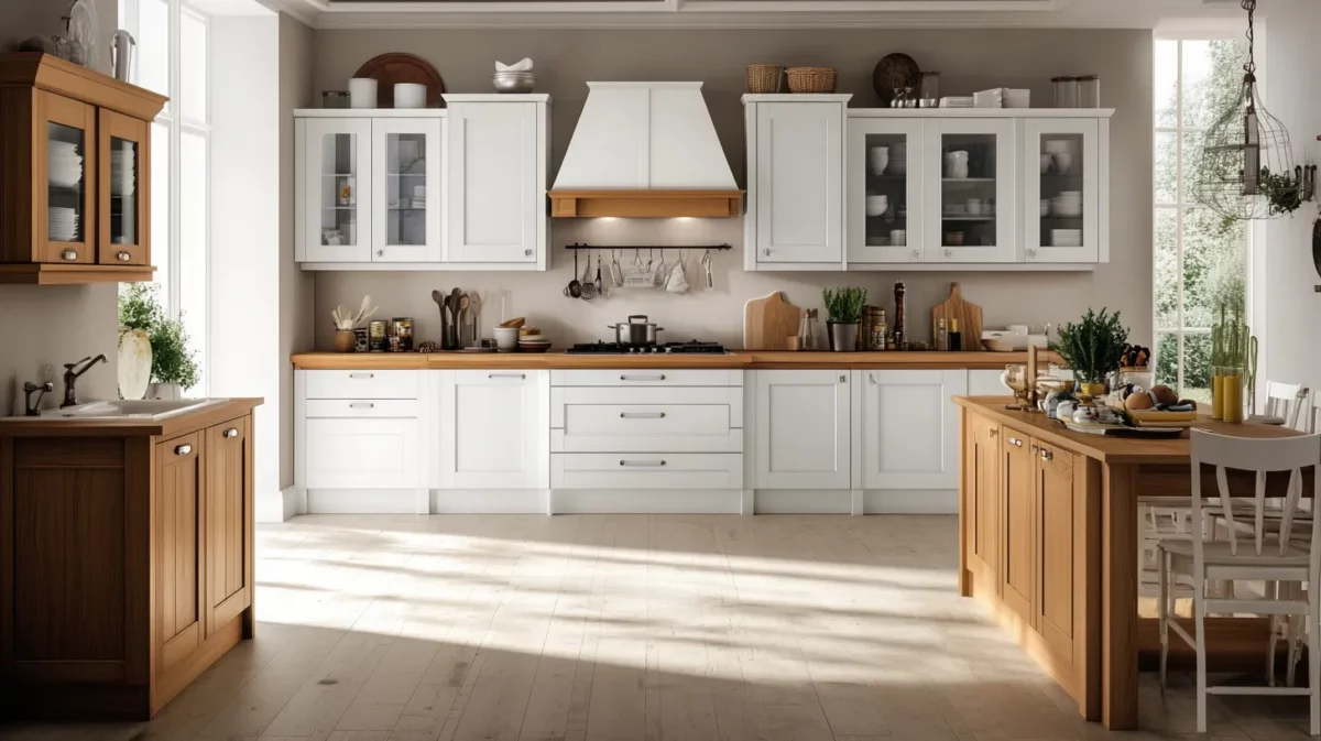 classic white and wood furniture colour combination for kitchen