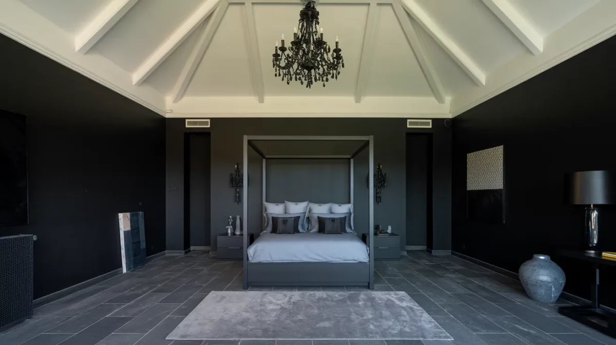 classy black and grey bedroom ceiling colour combination