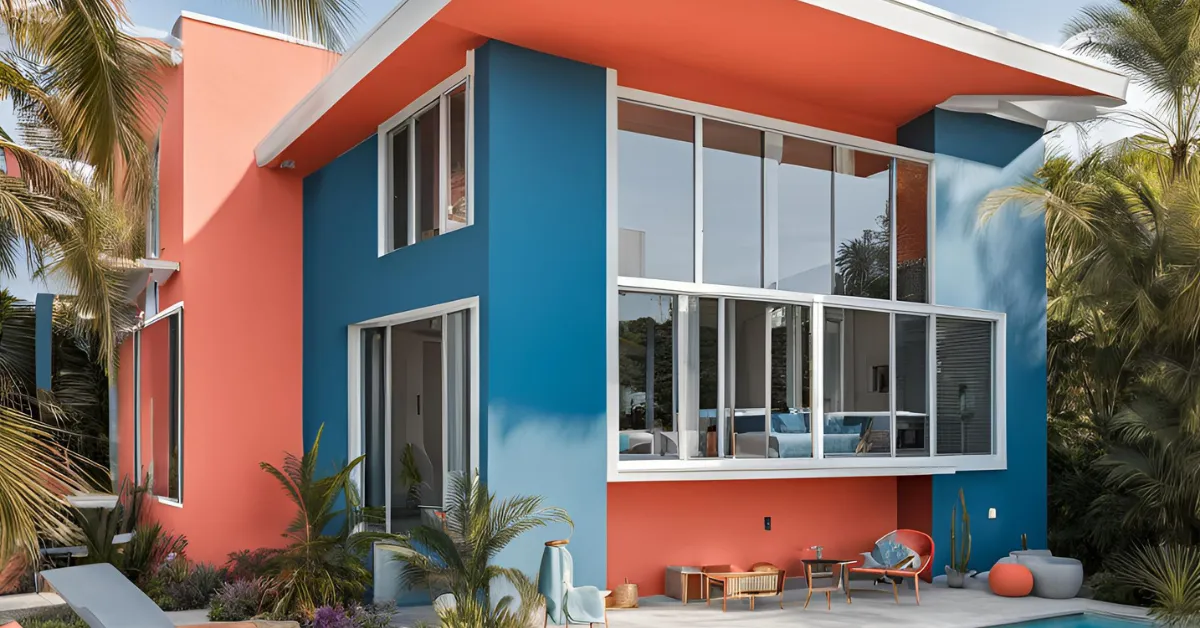 coral and coastal blue colour combination for outside house