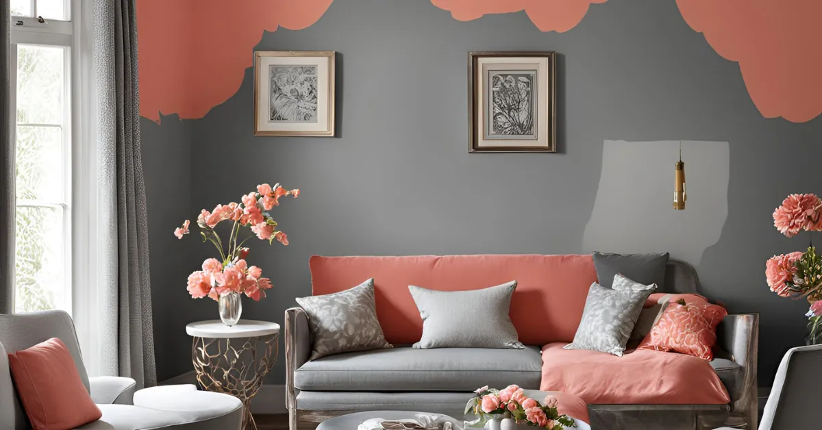 coral and cool grey colour combinations for drawing room walls