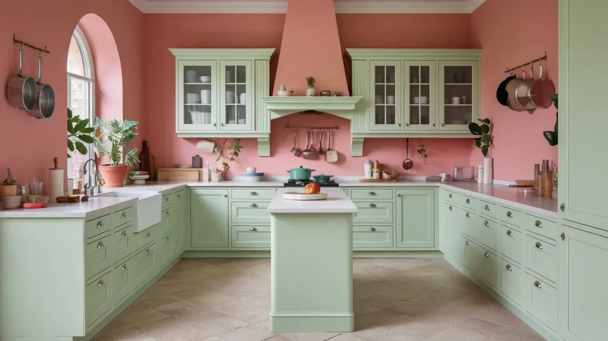 coral and mint green kitchen colour combination