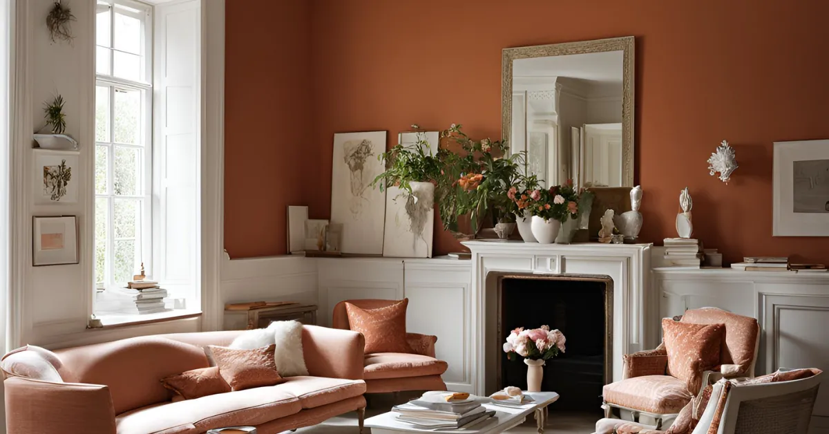 crisp white and terracotta colour combinations for drawing room walls