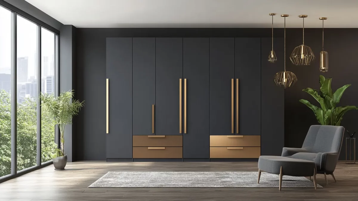 dark gray and warm brass wardrobe laminate colour combination