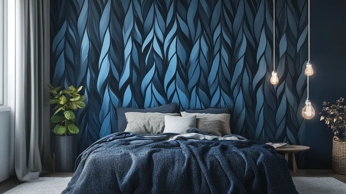 dark grey and blue pattern wallpaper design for bedroom walls