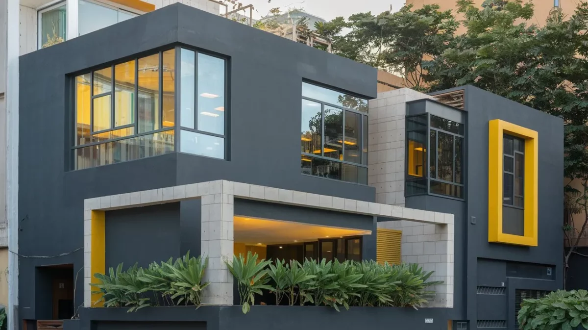 dark grey with light grey and yellow accents for exterior walls