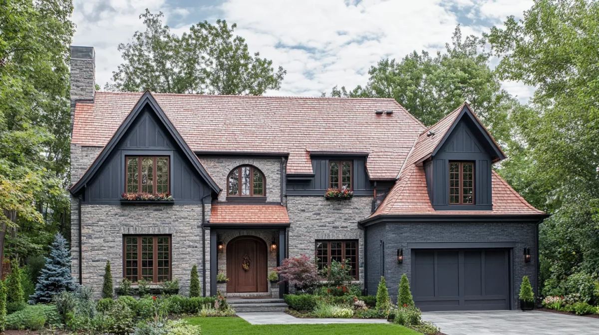 dark grey with pinkish brown roof colours for exterior walls