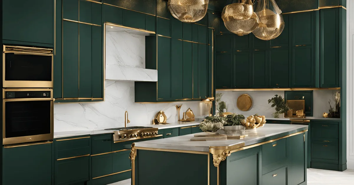 deep green and gold kitchen color for an elegant, rich feel
