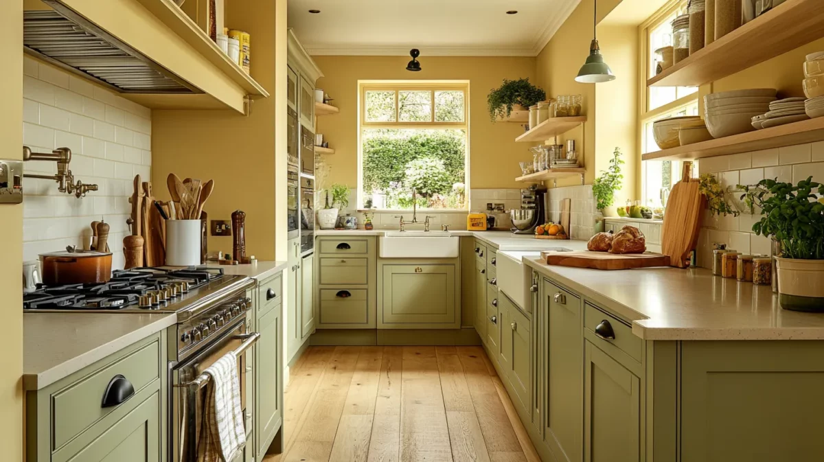 deep yellow and soft sage color combination for kitchen