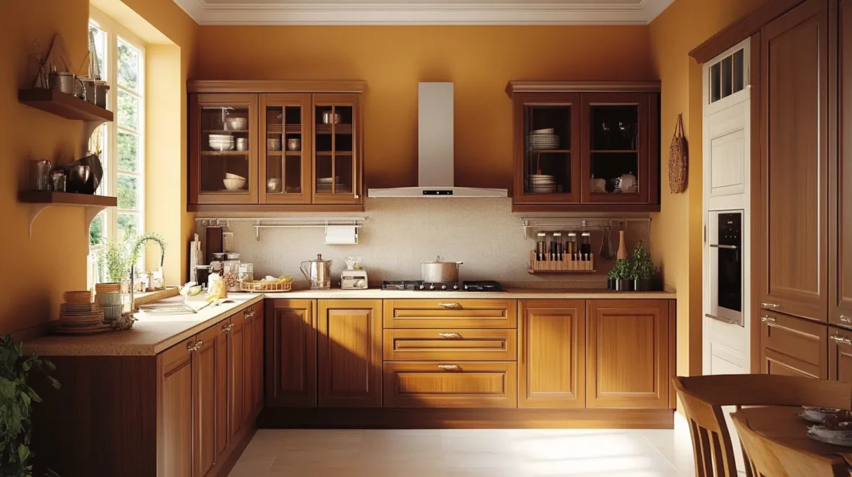 modular indian kitchen colours with warm wood and brown