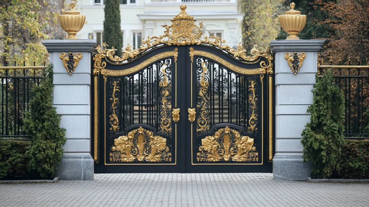 dramatic black and gold front iron gate colour combination