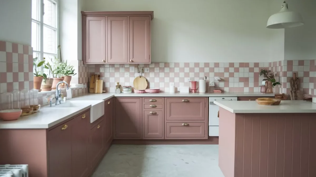 dusty rose and white furniture colour combination for kitchen