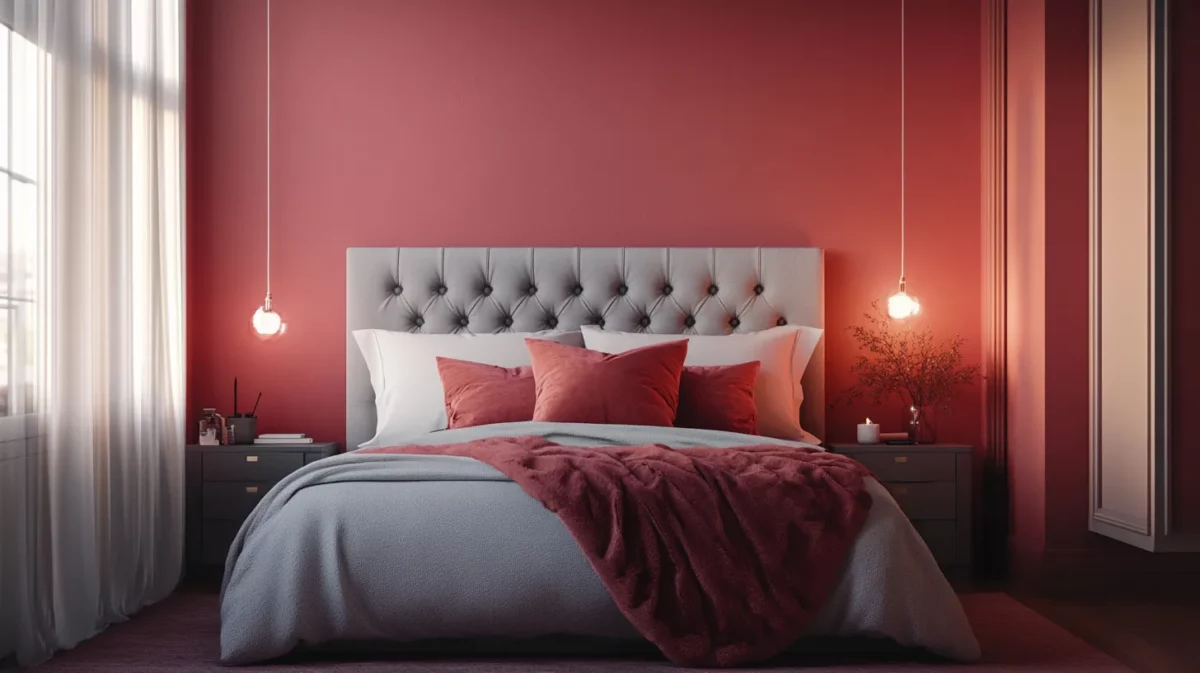 dusty rose red and cool grey colour for bedroom