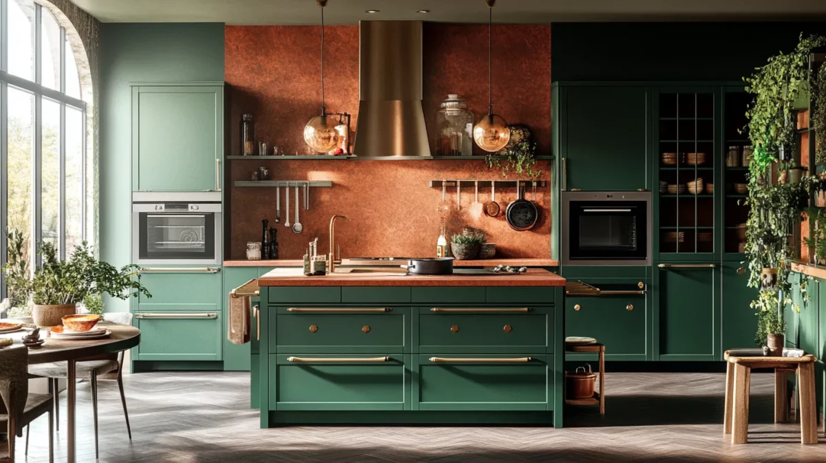 green and terracotta kitchen furniture and trolley colour combination