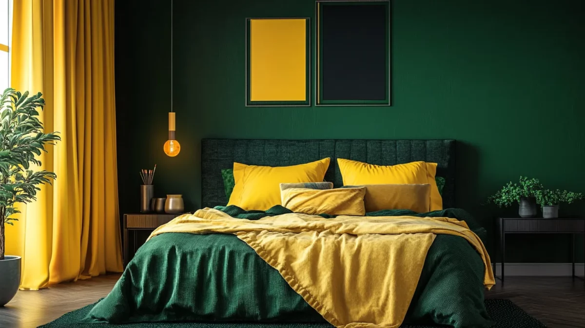 emerald green and dark yellow two colour combination for bedroom walls